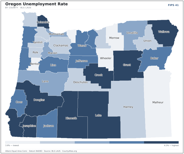 Map of Oregon counties shaded by unemployment rate — U.S. Bureau of Labor Statistics