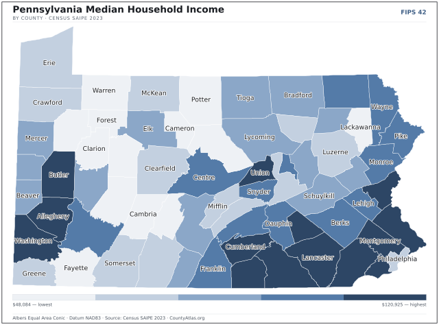 Map of Pennsylvania counties shaded by median household income — official U.S. Census data