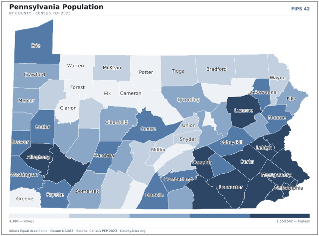 Map of Pennsylvania counties shaded by population — official U.S. Census data