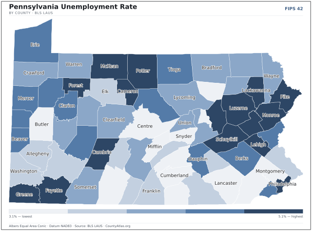Map of Pennsylvania counties shaded by unemployment rate — U.S. Bureau of Labor Statistics