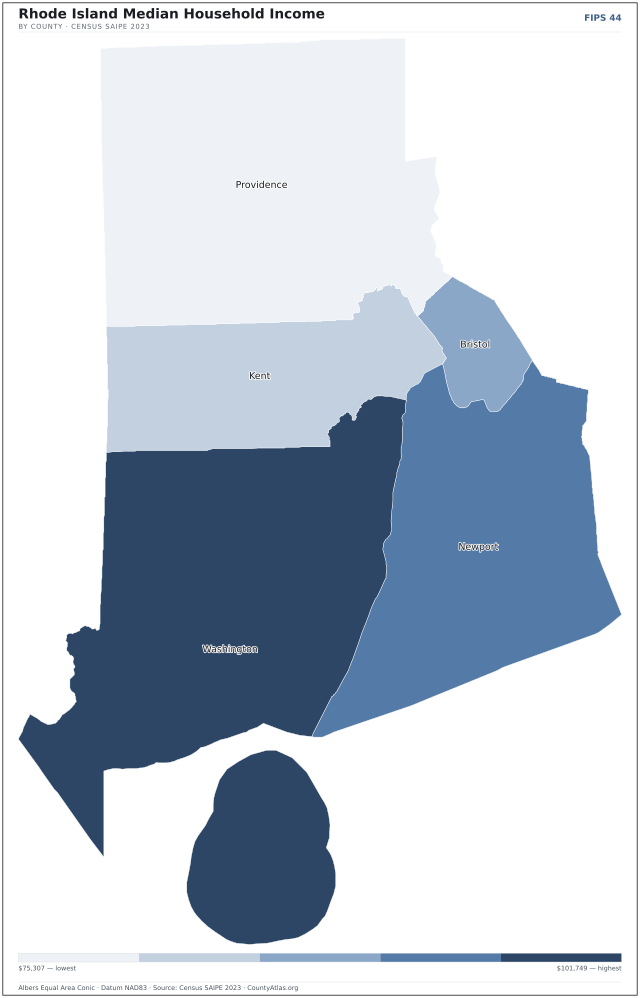 Map of Rhode Island counties shaded by median household income — official U.S. Census data