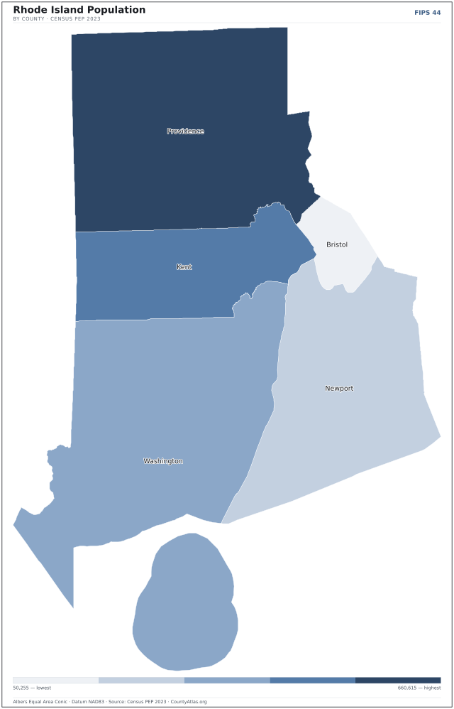 Map of Rhode Island counties shaded by population — official U.S. Census data