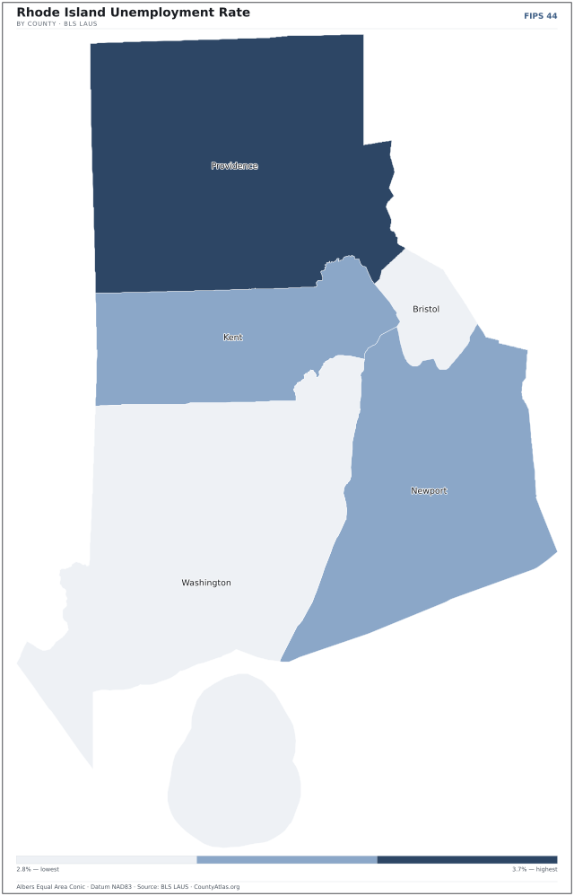 Map of Rhode Island counties shaded by unemployment rate — U.S. Bureau of Labor Statistics