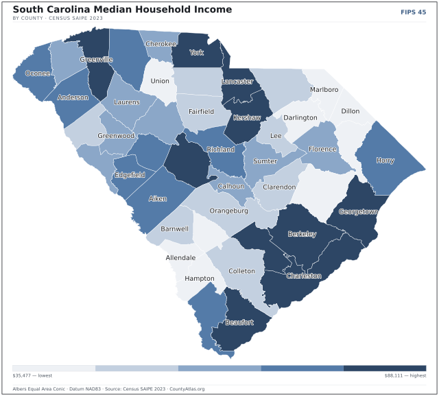 Map of South Carolina counties shaded by median household income — official U.S. Census data