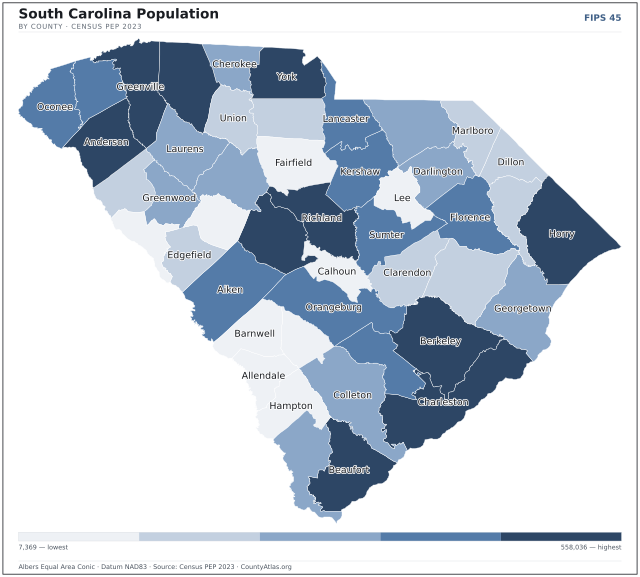Map of South Carolina counties shaded by population — official U.S. Census data