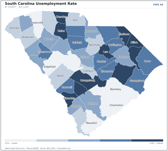 Map of South Carolina counties shaded by unemployment rate — U.S. Bureau of Labor Statistics