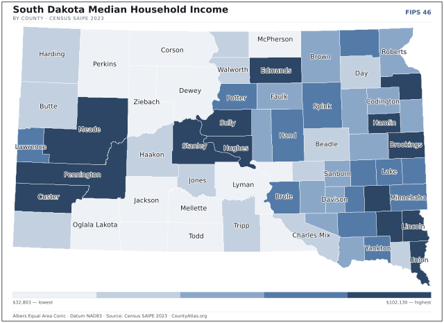 Map of South Dakota counties shaded by median household income — official U.S. Census data