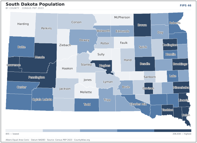 Map of South Dakota counties shaded by population — official U.S. Census data