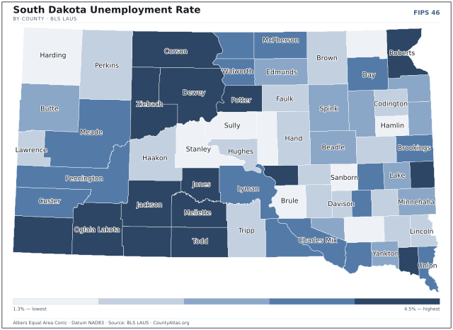Map of South Dakota counties shaded by unemployment rate — U.S. Bureau of Labor Statistics