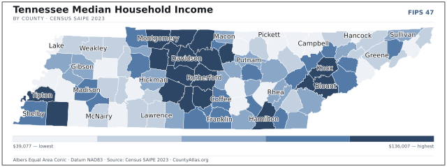 Map of Tennessee counties shaded by median household income — official U.S. Census data