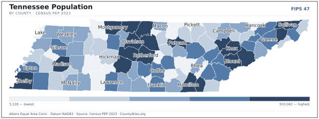 Map of Tennessee counties shaded by population — official U.S. Census data