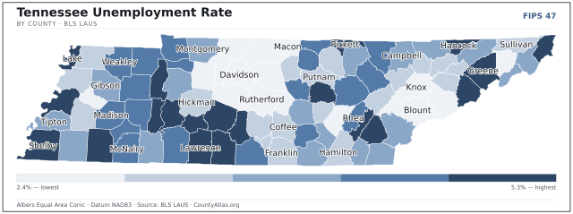 Map of Tennessee counties shaded by unemployment rate — U.S. Bureau of Labor Statistics