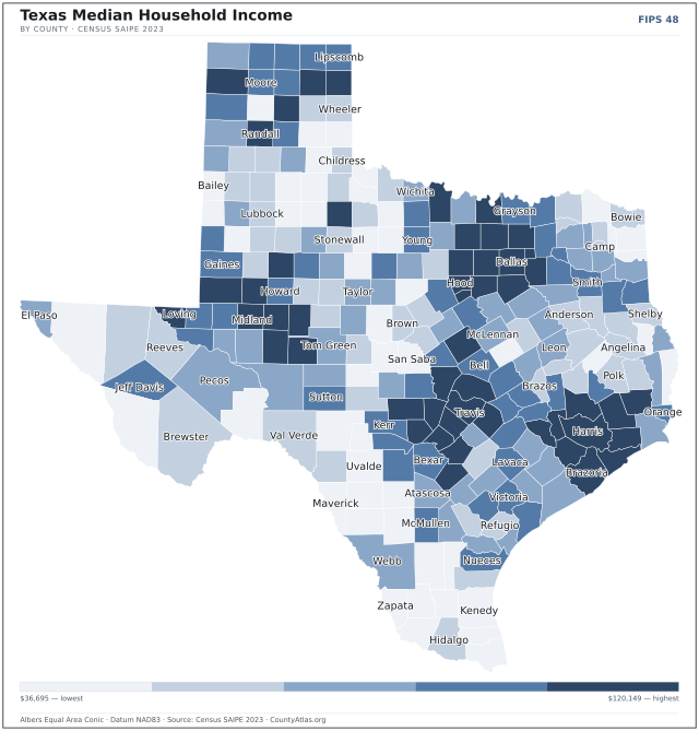 Map of Texas counties shaded by median household income — official U.S. Census data