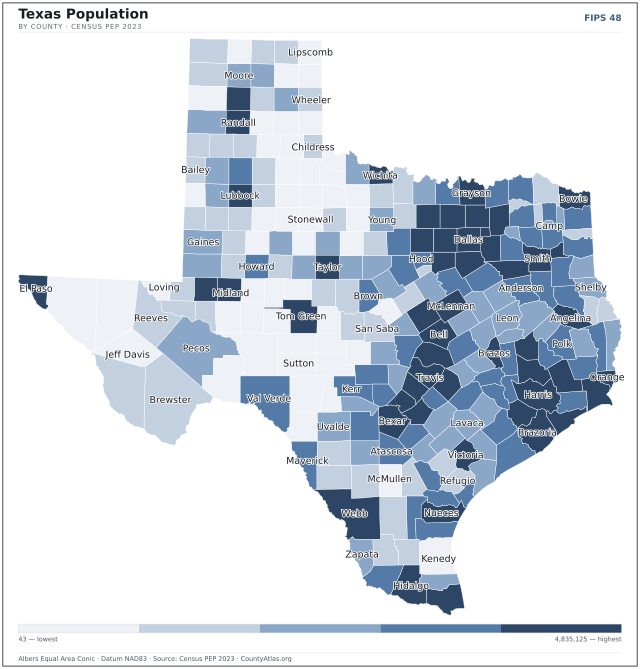 Map of Texas counties shaded by population — official U.S. Census data