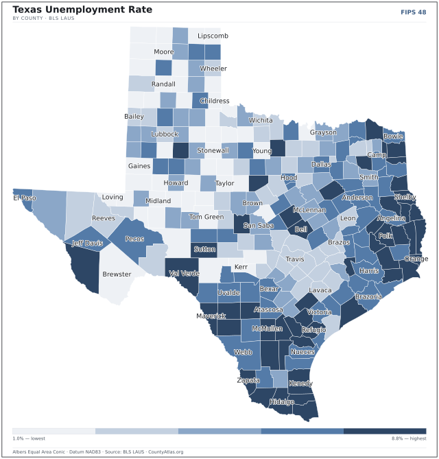 Map of Texas counties shaded by unemployment rate — U.S. Bureau of Labor Statistics