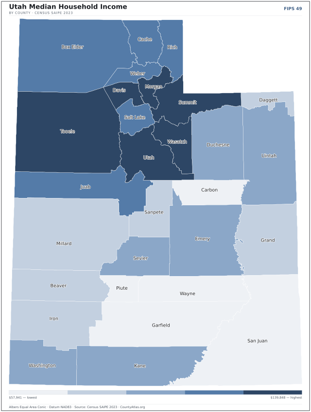 Map of Utah counties shaded by median household income — official U.S. Census data