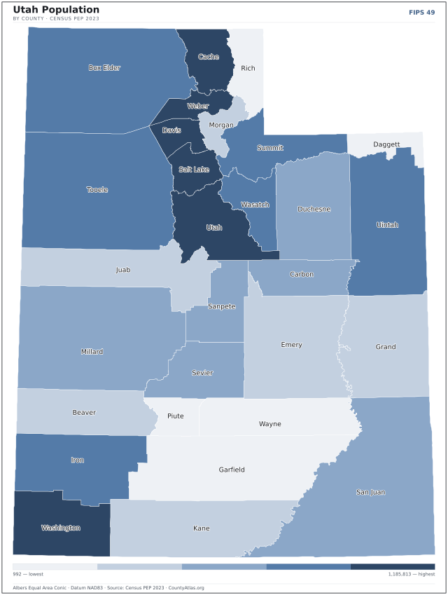 Map of Utah counties shaded by population — official U.S. Census data