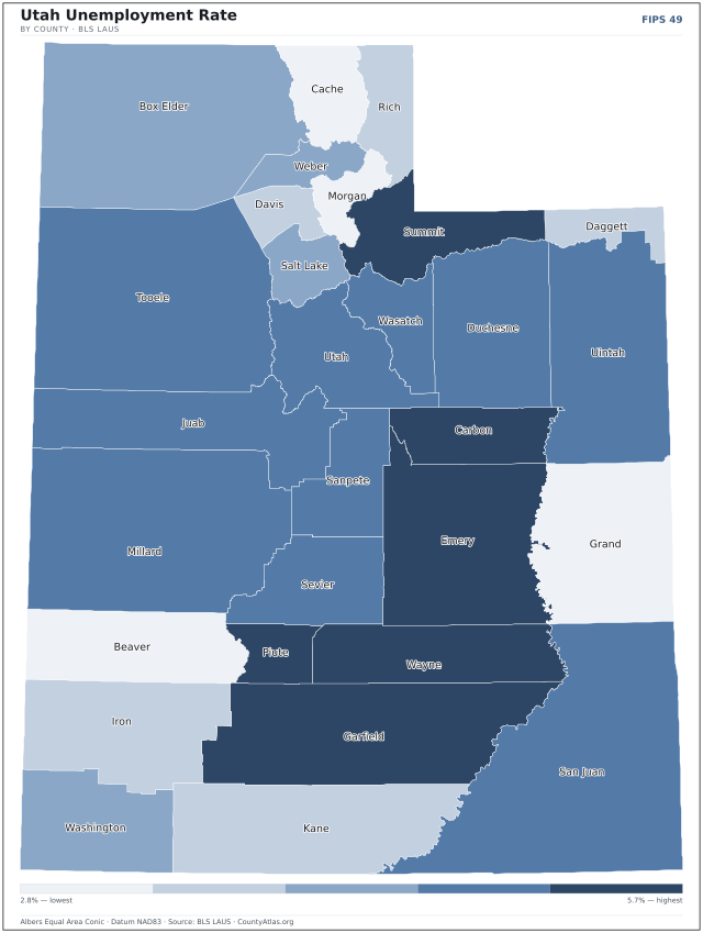 Map of Utah counties shaded by unemployment rate — U.S. Bureau of Labor Statistics