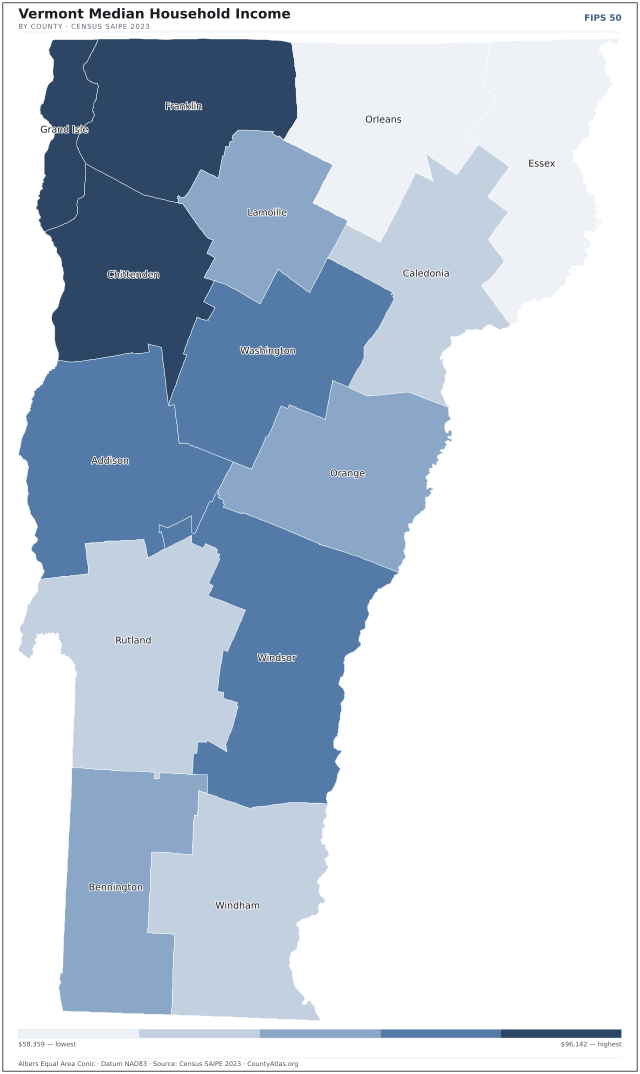 Map of Vermont counties shaded by median household income — official U.S. Census data