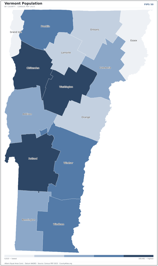 Map of Vermont counties shaded by population — official U.S. Census data