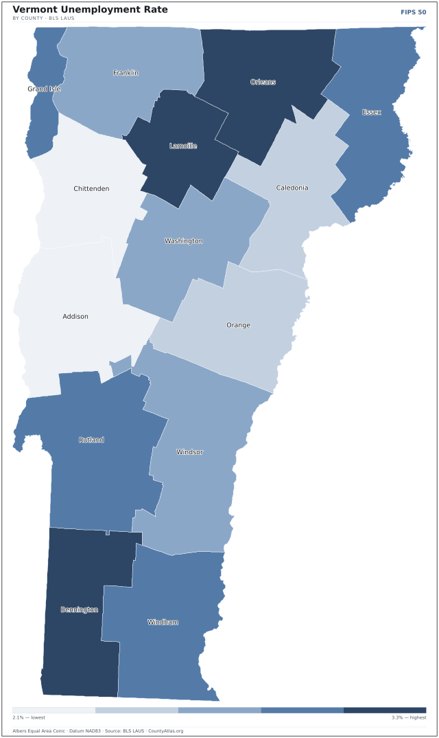 Map of Vermont counties shaded by unemployment rate — U.S. Bureau of Labor Statistics