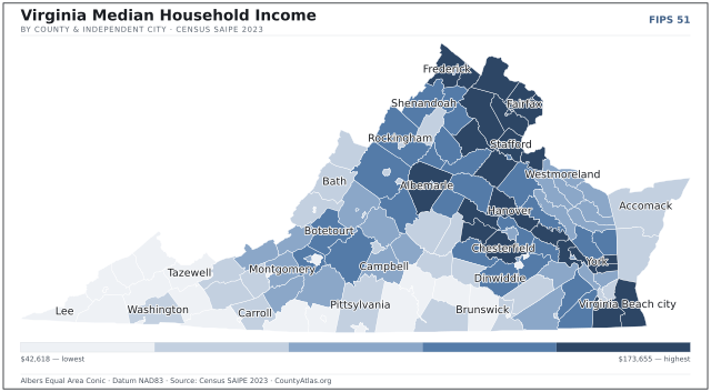 Map of Virginia counties shaded by median household income — official U.S. Census data
