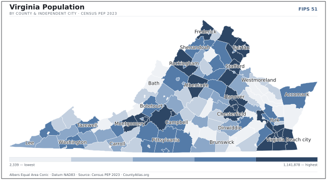 Map of Virginia counties shaded by population — official U.S. Census data