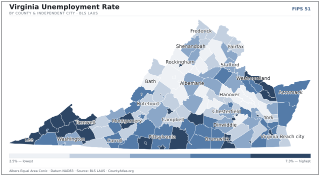 Map of Virginia counties shaded by unemployment rate — U.S. Bureau of Labor Statistics