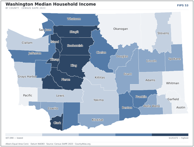 Map of Washington counties shaded by median household income — official U.S. Census data