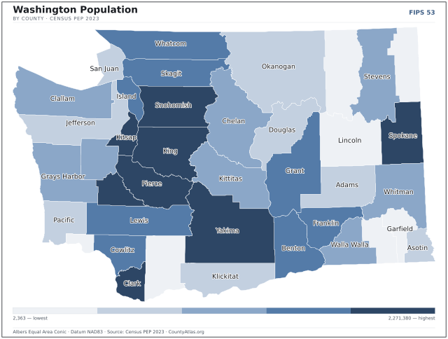 Map of Washington counties shaded by population — official U.S. Census data