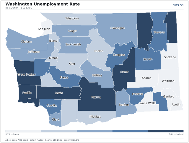 Map of Washington counties shaded by unemployment rate — U.S. Bureau of Labor Statistics