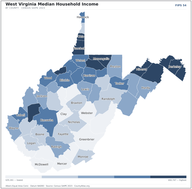 Map of West Virginia counties shaded by median household income — official U.S. Census data
