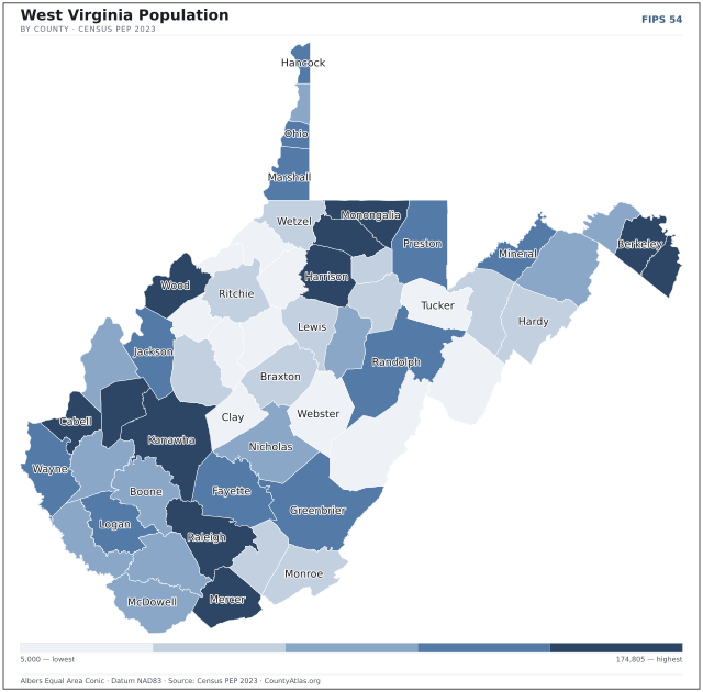 Map of West Virginia counties shaded by population — official U.S. Census data