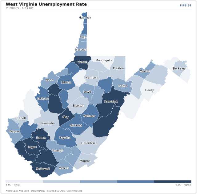 Map of West Virginia counties shaded by unemployment rate — U.S. Bureau of Labor Statistics