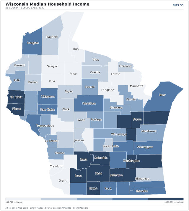 Map of Wisconsin counties shaded by median household income — official U.S. Census data