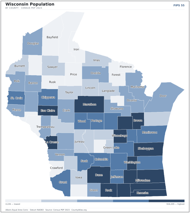 Map of Wisconsin counties shaded by population — official U.S. Census data