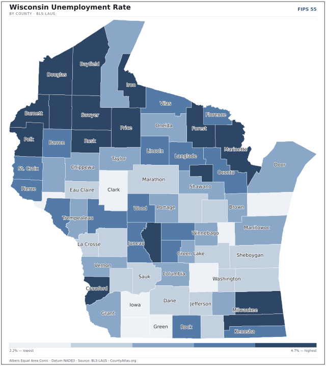 Map of Wisconsin counties shaded by unemployment rate — U.S. Bureau of Labor Statistics