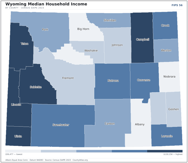 Map of Wyoming counties shaded by median household income — official U.S. Census data
