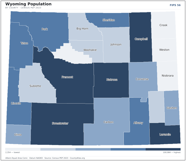 Map of Wyoming counties shaded by population — official U.S. Census data