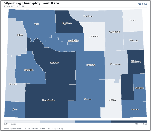 Map of Wyoming counties shaded by unemployment rate — U.S. Bureau of Labor Statistics